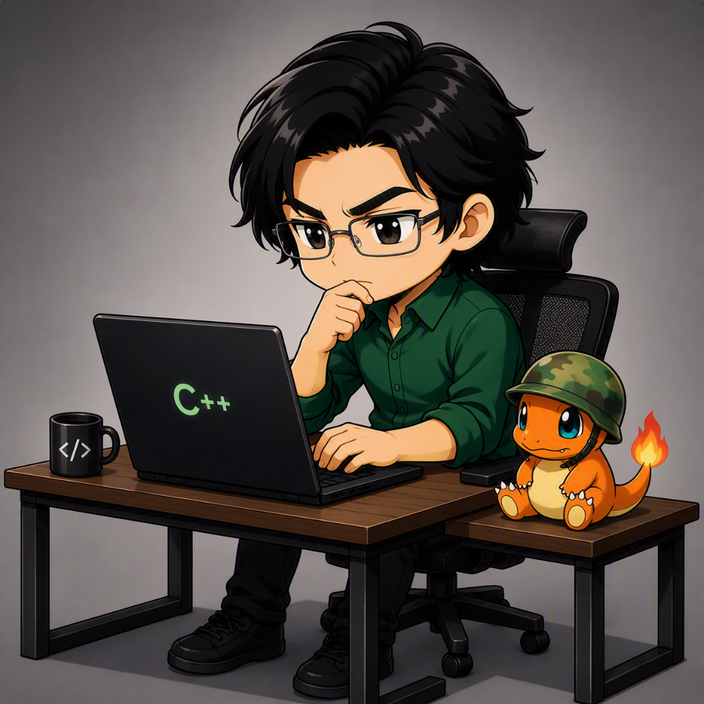 Illustrated portrait of Calileus programming with a Charmander companion